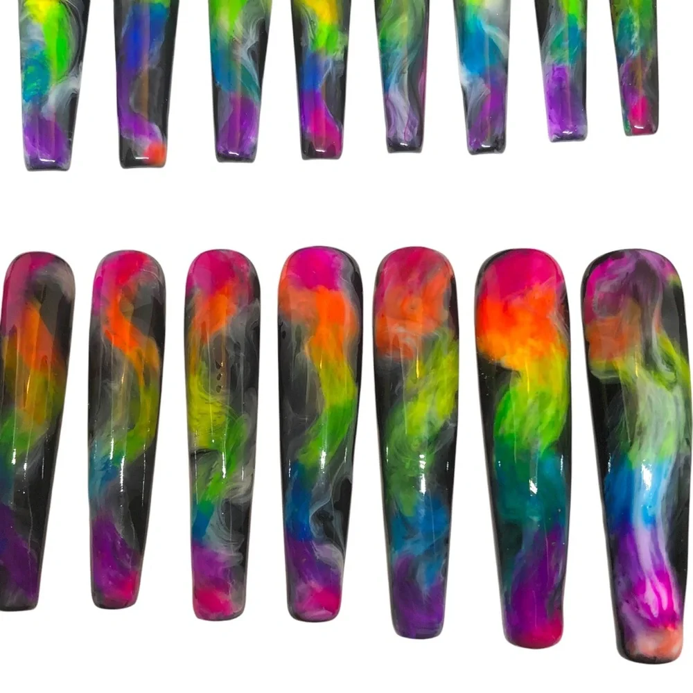 Custom Handmade Set of 22 Press On Nails 2X Long Coffin Shape Black & Ne… - Picture 5 of 9